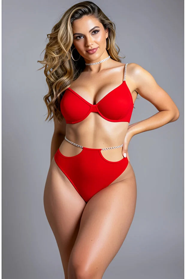Kadın Zincir Detaylı Transparan Fantezi Sexy İç Çamaşır Takımı 4