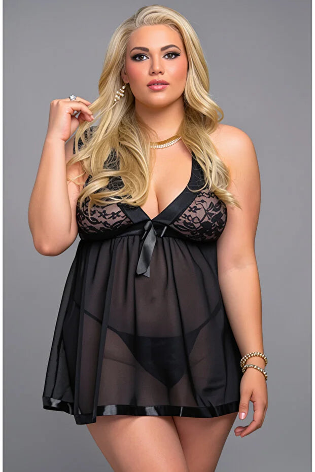 Kadın Siyah Tül Fantezi Sexy Gecelik Babydoll İç Çamaşırı Çeyizlik