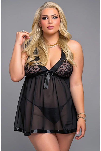 Kadın Siyah Tül Fantezi Sexy Gecelik Babydoll İç Çamaşırı Çeyizlik